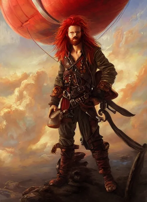 Image similar to epic fantasy portrait painting of a long haired, red headed male sky - pirate in front of an airship in the style of eve ventrue