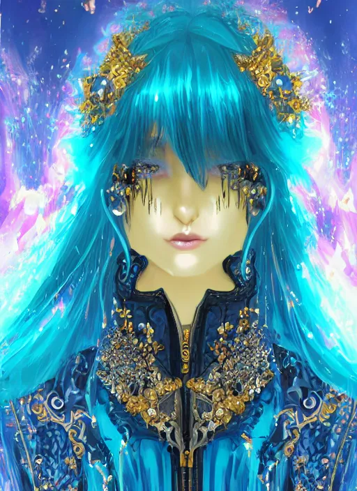 Image similar to baroque bedazzled gothic royalty frames surrounding a pixelsort rimuru tempest smiling, sky blue straight hair, bangs, with amber eyes, yellow golden eyes, wearing a black maximalist spiked jacket, high collar, ultra detailed, concept art, digital painting, pretty, cinematic, wlop artstation, sharpened early computer graphics, remastered chromatic aberration