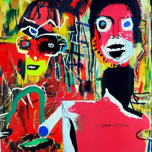 Image similar to acrylic painting of two bizarre psychedelic goth women kissing in china in summertime, speculative evolution, mixed media collage by basquiat and jackson pollock, maximalist magazine collage art, sapphic art, psychedelic illustration