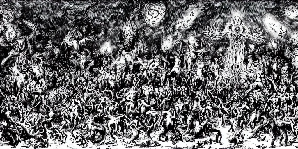 Image similar to demonish scene with many small demons and one bigger in the middle, red color, candles, bodies, gore, black and white, monochromatic