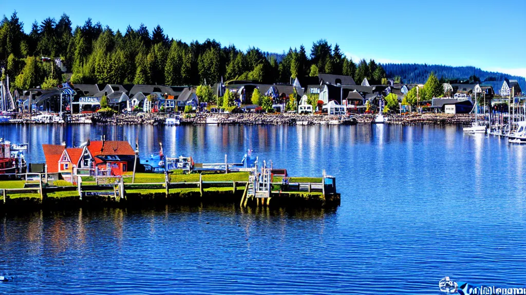 Prompt: scenic shot of little norway waterfront in poulsbo washington