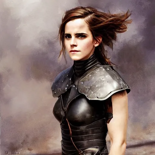 Image similar to close up of emma watson in full leather armor, cinematographic shot, by daniel f. gerhartz