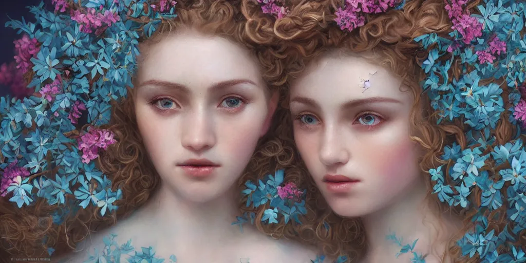 Prompt: breathtaking detailed concept art painting portrait of the hugs goddess of light blue flowers, blonde curly hair, orthodox saint, with anxious piercing eyes, ornate background, amalgamation of leaves and flowers, face by hsiao - ron cheng, extremely moody lighting, 8 k
