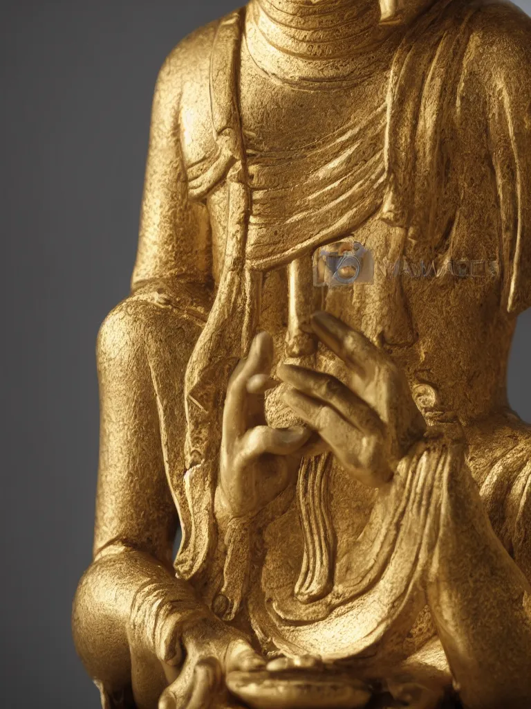 Image similar to beautiful sculpture of meditating buddha holding a smartphone, in a gallery setting. professional studio photo, full object in middle, soft lighting, centered, 1 5 0 mm lens, high definition