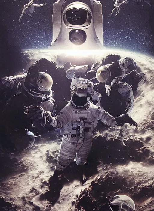 Image similar to astronauts in dark and empty void underwater - complex and hyperdetailed technical suit. reflection and dispersion materials. rays and dispersion of light. volumetric light. 5 0 mm, f / 3 2. noise film photo. flash photography. ultra realistic, wide angle. poster by wayne barlowe, hajime sorayama aaron horkey, craig mullins