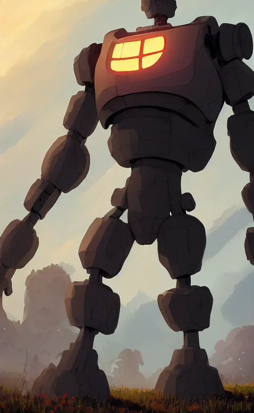 Image similar to iron giant standing near his farm, dynamic lighting, photorealistic fantasy concept art, trending on art station, stunning visuals, creative, cinematic, ultra detailed