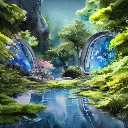 Image similar to beautiful happy picturesque charming sci - fi organic pod - like homes of the future in a beautiful natural scene. water, trees and rocks. beautiful light. soft colour scheme. beautiful artistic detailed watercolor by lurid. ( 2 0 2 2 )