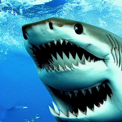 Prompt: a shark with the face of markiplier
