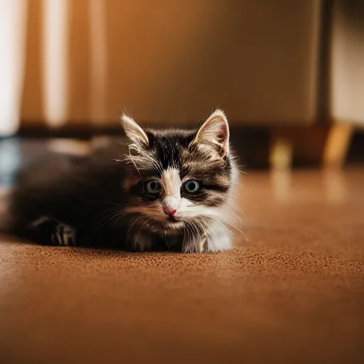 Image similar to photo of shy chunky!!, fluffy!!, kitten hiding under the couch, sharp focus, golden hour, f 1. 4