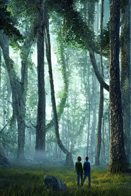 Image similar to intricate color photo of young lovers in a fantasy forest of tall trees 8 k octane beautifully detailed render