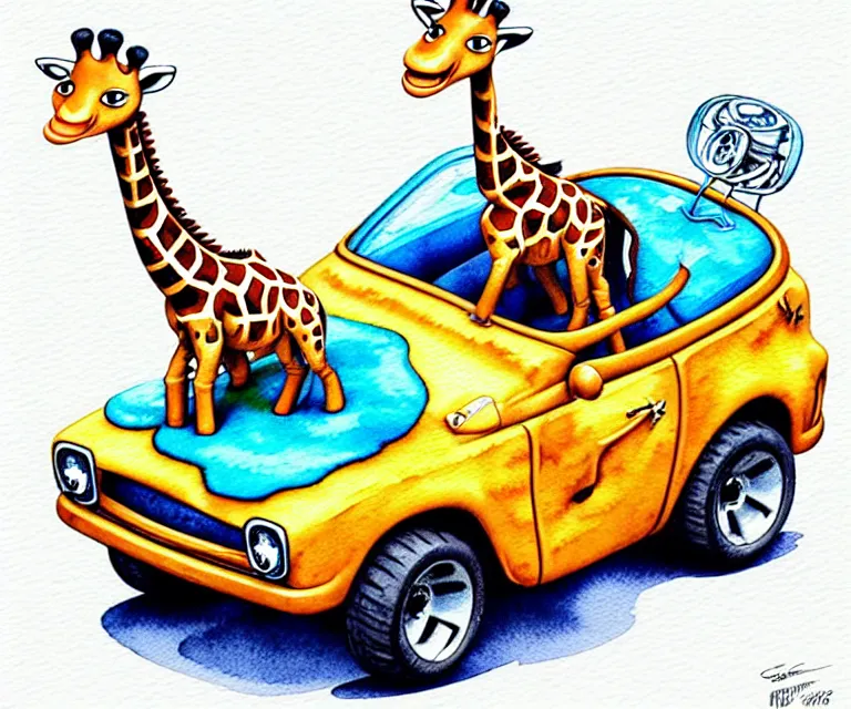 Image similar to cute and funny, giraffe riding in a tiny hot rod with oversized engine, ratfink style by ed roth, centered award winning watercolor pen illustration, isometric illustration by chihiro iwasaki, edited by range murata, tiny details by artgerm and watercolor girl, symmetrically isometrically centered, focused