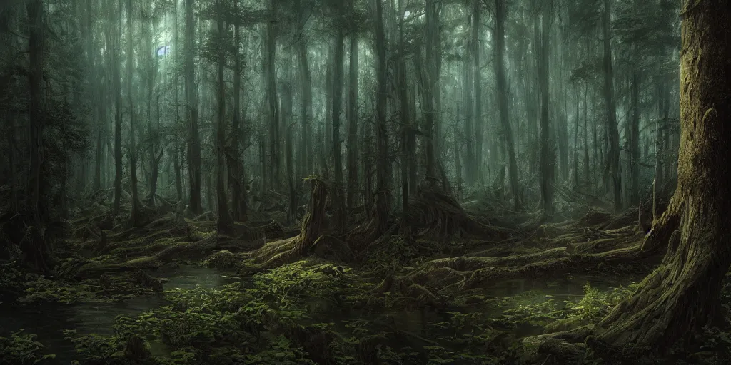Image similar to A beautiful hyper realistic detailed matte painting of a beautiful mythical dark ominous forest at dusk by john howe, greg rutkowski, albert Bierstadt, alena, aerial view, unreal engine, barometric projection, rectilinear, octane render, ultrawide angle, featured on behance, Trending on artstation, well-rendered, architectural render