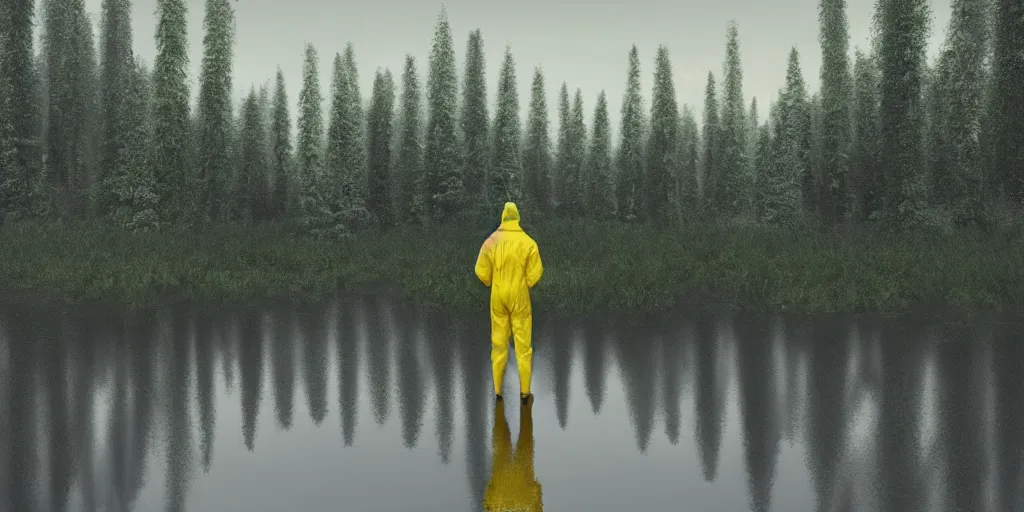 Image similar to a man in a yellow hazmat suit carries a barrel of nuclear waste and stands in a small lake with reflections in a detailed forest, painting, concept - art!!, rendering, octane, redshift, cinematic composition, volumetric lighting