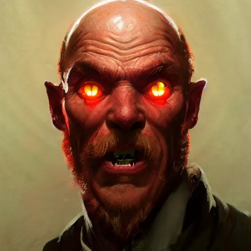 Image similar to portrait of a red bald man with black eyes and a black teeth, horror, glowing eyes, by Stanley Artgerm Lau , greg rutkowski, thomas kindkade, alphonse mucha, loish, norman rockwell. Trending on artstation detailed illustration hd 4k