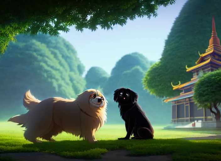 Image similar to a wholesome animation key shot of a black tibetan spaniel, thai temple in the background, studio ghibli, pixar and disney animation, sharp, rendered in unreal engine 5, anime key art by greg rutkowski, bloom, dramatic lighting