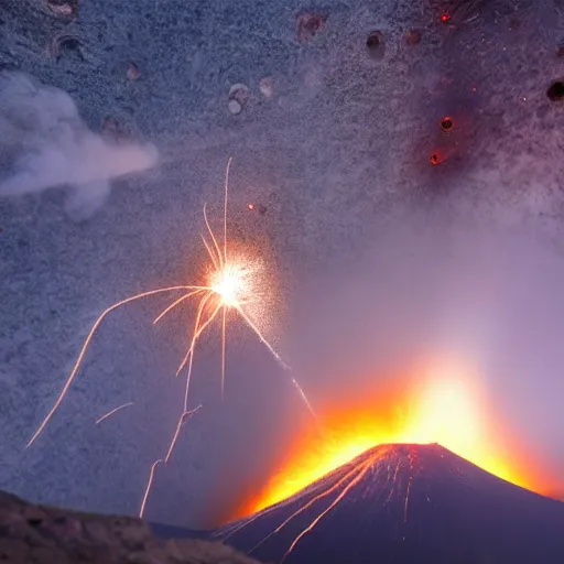 Prompt: meteorite crashing into an active volcano, photography