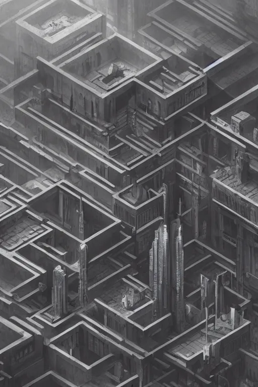 Image similar to Isometric landscape of a dull, incoherent, escher, monochromatic, dystopian, dreadful, sad cyberpunk city illustrated by Greg Rutkowski, trending on artstation, artstationHD, artstationHQ, 4k, 8k.