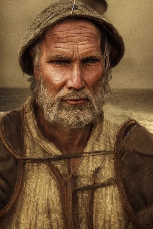 Image similar to medieval fisherman, close-up portrait, poor, intricate, elegant, volumetric lighting, scenery, digital painting, highly detailed, artstation, sharp focus, illustration, concept art,ruan jia, steve mccurry