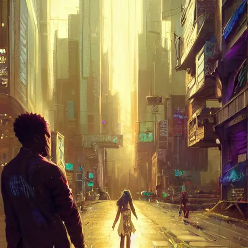 Prompt: highly detailed portrait of black love in the cyberpunk city, stephen bliss, unreal engine, fantasy art by greg rutkowski, loish, rhads, ferdinand knab, makoto shinkai and lois van baarle, ilya kuvshinov, rossdraws, tom bagshaw, global illumination, radiant light, detailed and intricate environment