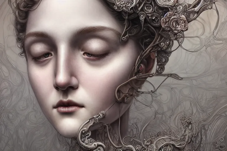 Prompt: detailed realistic face portrait octane render, artwork by james jean, chiara bautista, smooth polished matte porcelain, queen of futility, jean delville, art nouveau, james jean spiraling clouds, ornate metal gothic icon heavy patina, joy, delicate, enchanting, otherworldly, whimsical, ethereal, mythology, magical, visionary dreamscape