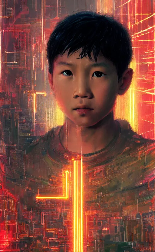 Prompt: an intricate, detailed face of a asian boy, skin made of intricate electronic glowing circuits with laserbeams transporting energy melted into liquid ferrofluids, unreal engine, trending on artstation, bladerunner 2049, by John Berkey