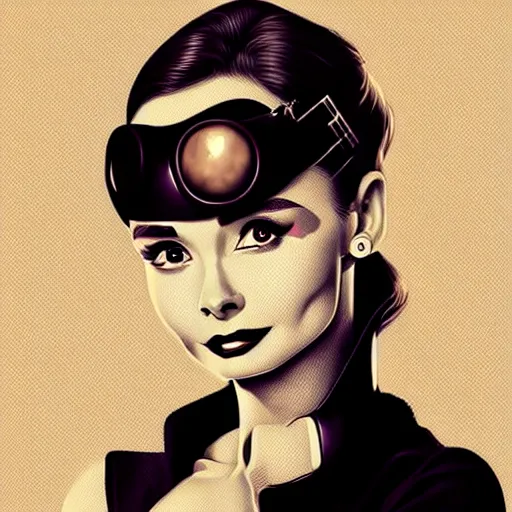 Image similar to in the style of diego fazio, artgerm, beautiful audrey hepburn, steampunk, elegant pose, middle shot, spooky, symmetrical face symmetrical eyes, three point lighting, detailed realistic eyes, short neck, insanely detailed and intricate elegant