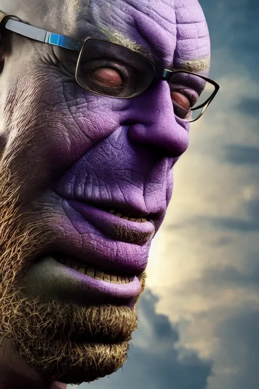 Image similar to Sam Hyde as Thanos from Avengers Endgame, close-up, sigma male, rule of thirds, award winning photo, unreal engine, studio lighting, highly detailed features, interplanetary setting