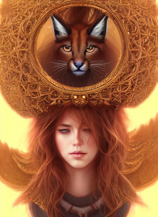 Prompt: soft lustrous cute fluffy caracal, golden wreath on his head, golden ratio, details, scifi, fantasy, cyberpunk city, intricate, decadent, highly detailed, octane render, digital painting, artstation, concept art, sharp focus, illustration, art by artgerm, loish, wlop