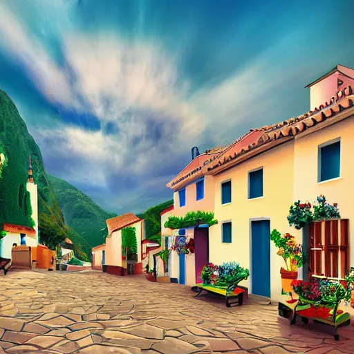 Image similar to A Spanish village. Clean, flat, Scandinavian retro, 4k, digital art.