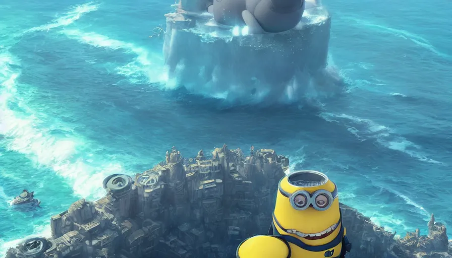 Prompt: A highly detailed matte painting of the huge minion in the ocean, by Studio Ghibli, Makoto Shinkai, by Artgerm, by beeple, by Greg Rutkowski, volumetric lighting, octane render, 4K resolution, trending on artstation, masterpiece