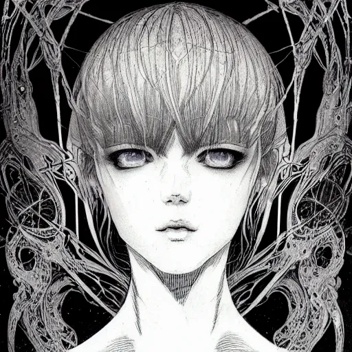 Image similar to prompt: Fragile looking vessel portrait soft light drawn by Vania Zouravliov, inspired by Akira 1988 anime, magical and alchemical weapons, soft light, white background, intricate detail, intricate ink painting detail, sharp high detail, manga and anime 2000