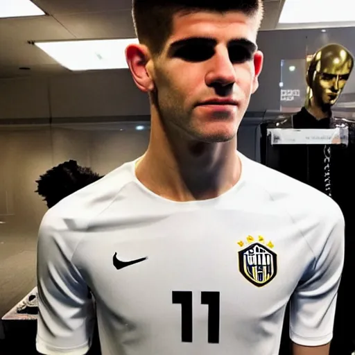 Image similar to “a realistic detailed photo of a guy who is an attractive humanoid who is half robot and half humanoid, who is a male android, Christian Pulisic, shiny skin, posing like a statue, blank stare, on display”