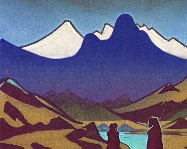 Prompt: ancient godzilla standing in front of altai forest, detailrd painting by roerich