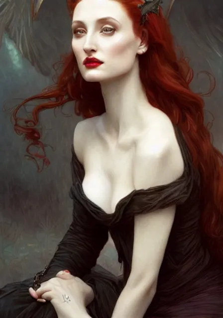 Image similar to sansa angeline jolie gessica chastain victorian vampire, intricate, elegant, highly detailed, digital painting, artstation, concept art, smooth, sharp focus, illustration, art by artgerm and greg rutkowski and alphonse mucha and william - adolphe bouguereau