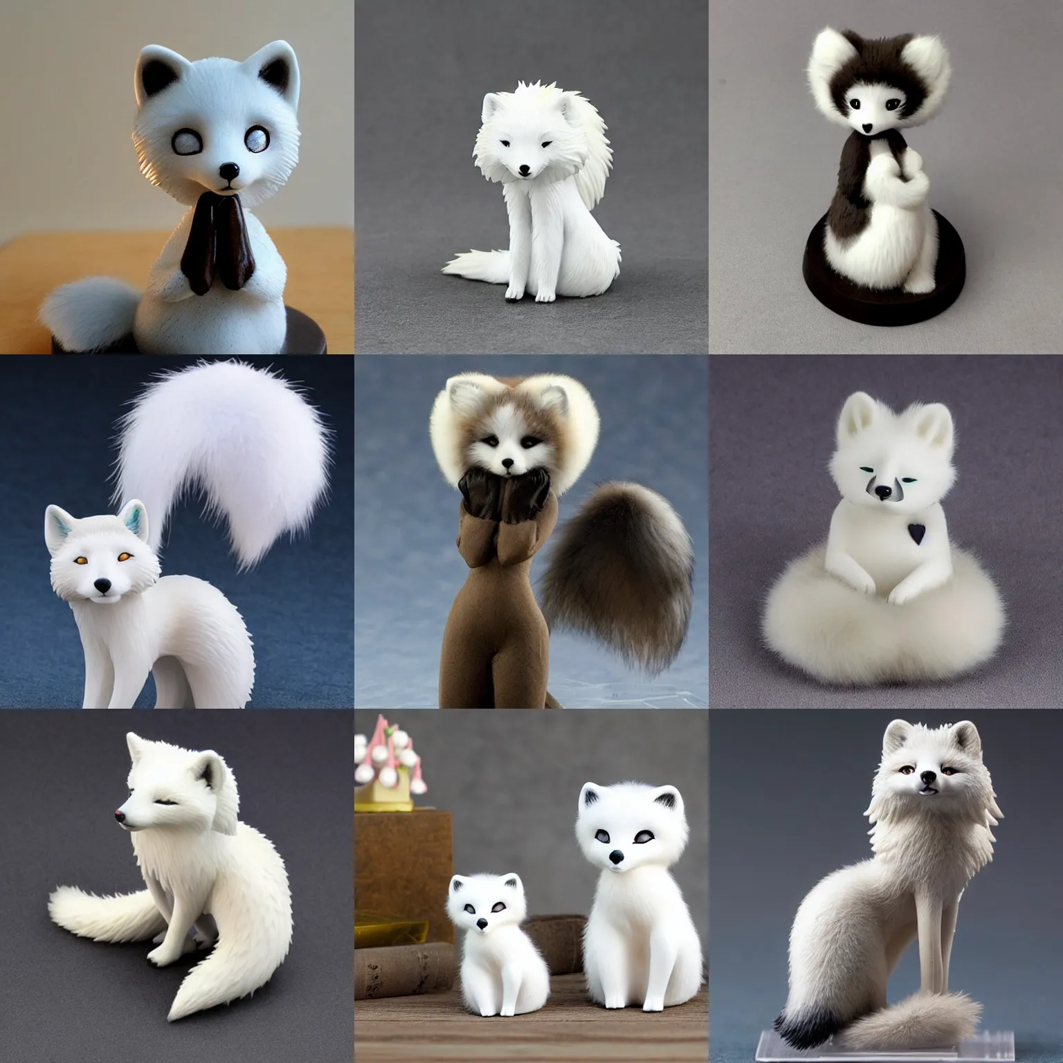 Prompt: anime figurine of a gorgeous arctic fox girl anthro, fluffy ears, fluffy chest, dipstick tail, anthro furry figurine