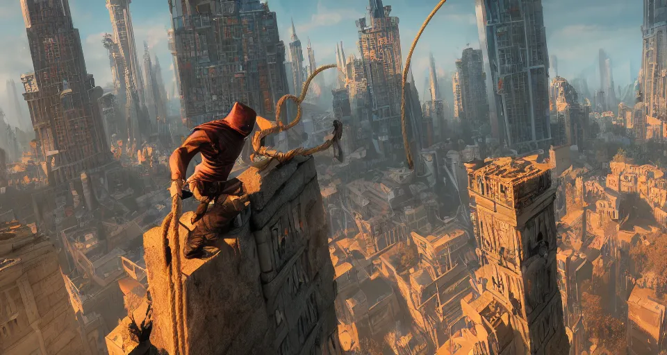 Image similar to an epic fantasy comic book style landscape painting of a hooded thief using a rope to climb a tall building with a fantasy city, unreal 5, daz, hyperrealistic, octane render, dynamic lighting, award winning, 8 k, ultra wide angle