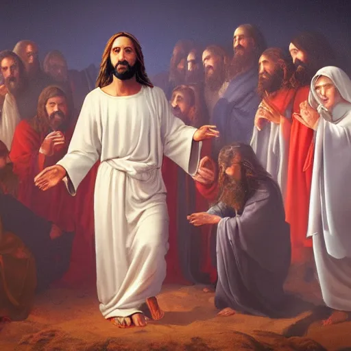 Image similar to A masterpiece ultrarealistic ultradetailed photo of Jesus Christ with his apostles, 4k. cinematic, dramatic