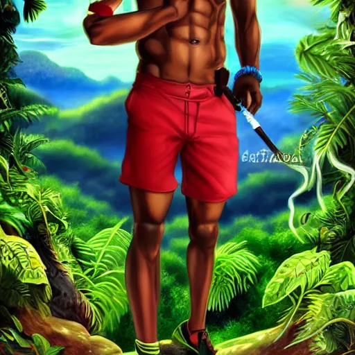 Prompt: black young man, one legged, fit, with red hood, yellow eyes, smoking a pipe, rastafari hair, red shorts, bare foot, Amazon rainforest background, crescent moon, river, art by artgerm, photo realistic, magical aura, cool pose