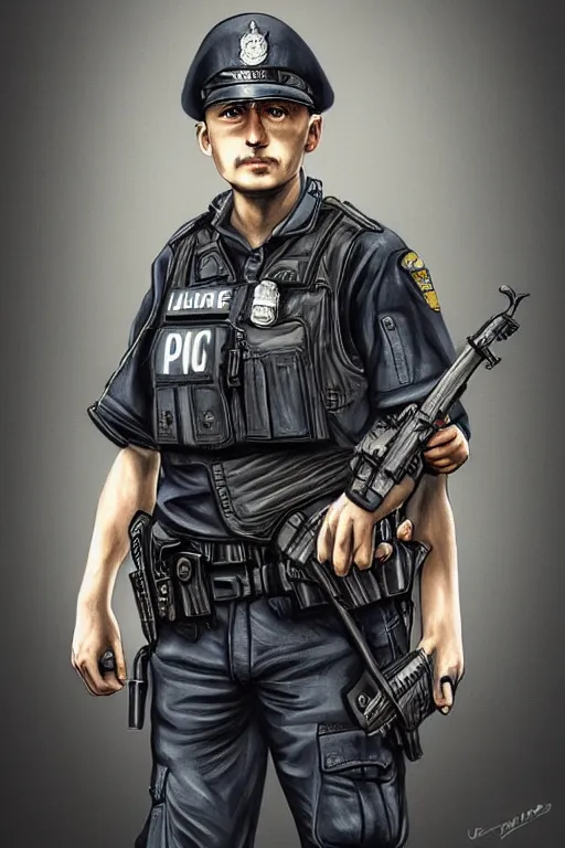 Image similar to london police officer heroically posing, highly detailed, digital art, sharp focus, trending on art station