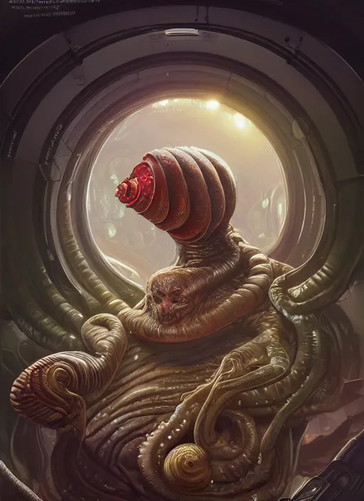 Image similar to wide angle shot of slimy mollusk as elon musk, anthropomorphic character, drool, concept art, intricate, elegant, highly detailed, digital painting, artstation, wallpaper, smooth, sharp focus, illustration, art by giger and artgerm and greg rutkowski and alphonse mucha