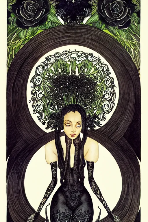 Prompt: realistic symmetrical portrait of beautiful black woman in the center of a frame of gothic black roses, detailed art by kay nielsen and walter crane, illustration style, watercolor