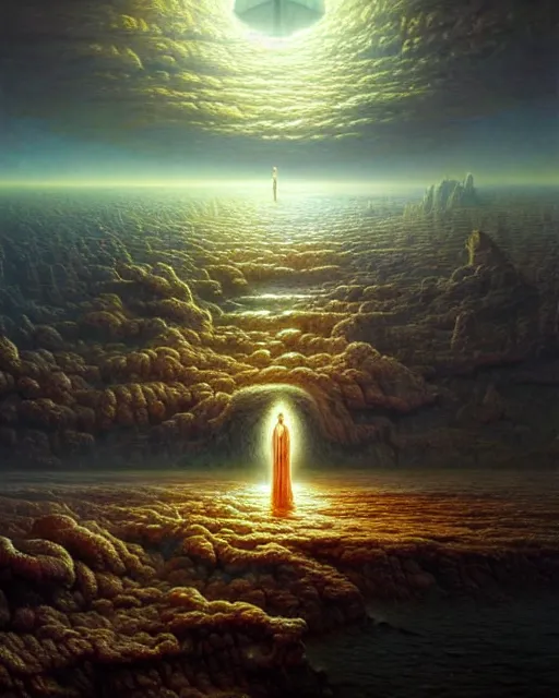 Image similar to a hyper - detailed 3 d render like an oil painting of the origin of consciousness, surrealism!!!!! surreal concept art, lifelike, photorealistic, digital painting, aesthetic, smooth, sharp focus, artstation hd, by greg rutkowski, bruce pennington, valentina remenar and asher duran,