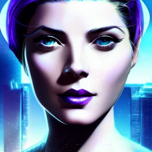 Image similar to A combination of Grace Kelly's and Katheryn Winnick's and Ashley Greene's faces with blue skin and short violet hair as Cortana from Halo, cyberpunk style, synthwave aesthetic, fantasy, intricate, elegant, highly detailed, digital painting, artstation, concept art, matte, sharp focus, illustration, half body portrait, anime style, art by Artgerm and Greg Rutkowski and Alphonse Mucha