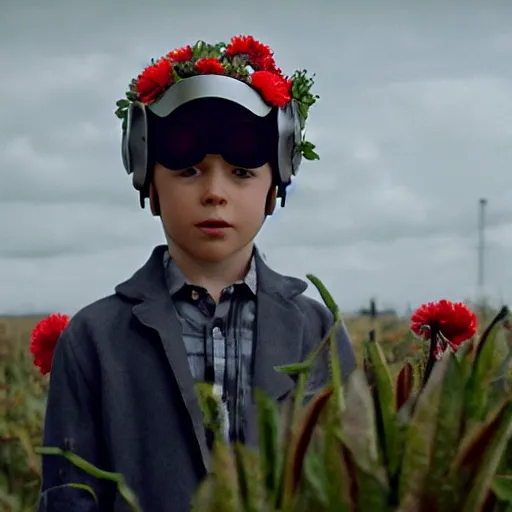Image similar to movie still of a boy with a cyborg plants flowers helmet, cinematic composition, cinematic light, by edgar wright and david lynch