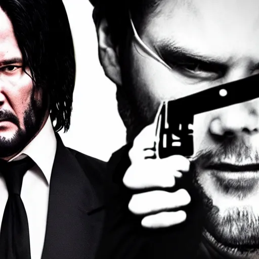 Prompt: portrait photo of a gangster like the fusion of John Wick and Morpheus pointing a gun at the camera, menacingly