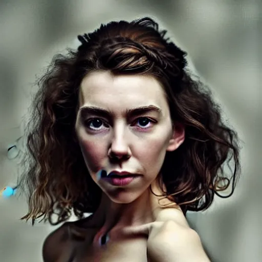 Image similar to stunning photo of vanessa kirby, dark - haired goddess, a beautiful closeup, she has tears running down her face, wet lips, perfect eyes, insanely detailed, elegant, by wlop, rutkowski, livia prima, mucha,