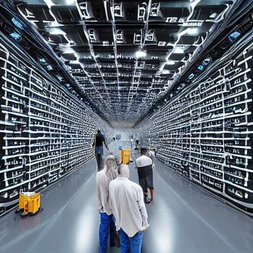 Image similar to diverse groups of humans building the insides of supercomputers, from behind, wide angle, elaborate, highly detailed, beautiful lighting