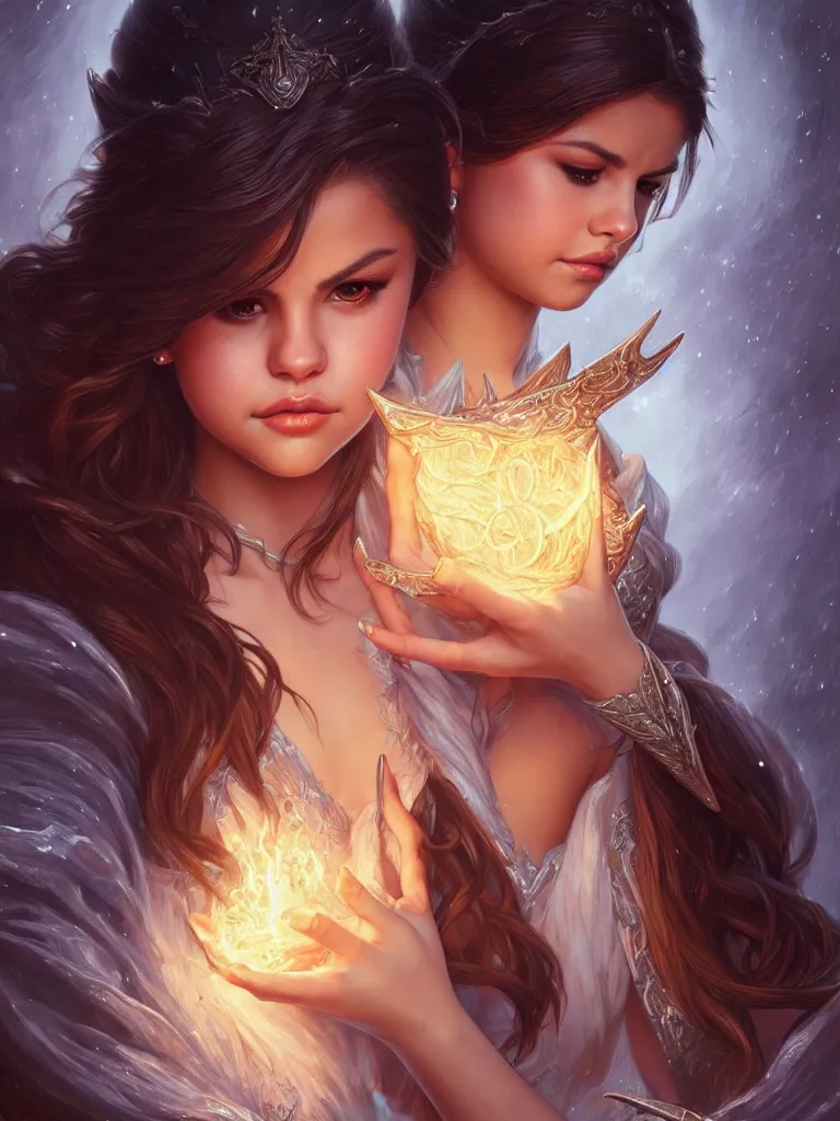 Image similar to Selena Gomez casting an frost spell, D&D, fantasy, intricate, elegant, highly detailed, digital painting, artstation, concept art, matte, sharp focus, illustration, hearthstone, art by Artgerm and Greg Rutkowski and Alphonse Mucha