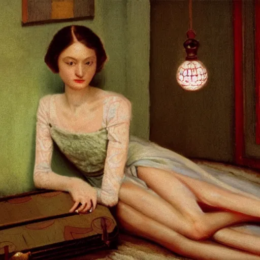 Image similar to a beautiful lady, film still by wes anderson, depicted by balthus, limited color palette, very intricate, art nouveau, highly detailed, lights by hopper, soft pastel colors, minimalist