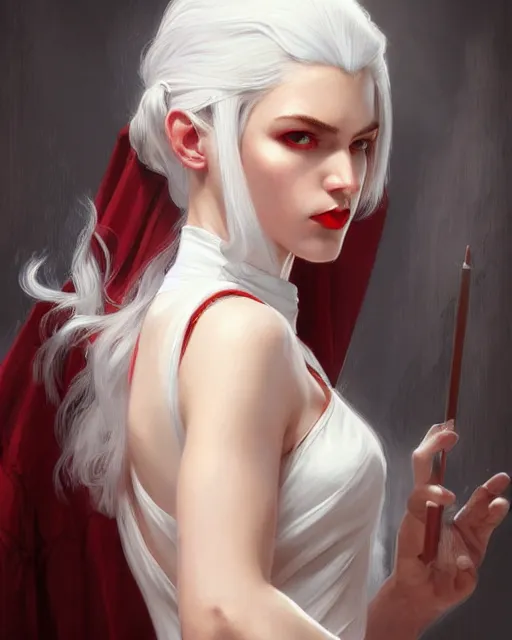 Image similar to tall girl, white hair, white dress, red lips, long hair, deep focus, d & d, fantasy, sophisticated, elegant, high detail, digital painting, artstation, concept art, matte, clear focus, illustration, hearthstone, works by artgerm, greg rutkowski and alphonse mucha